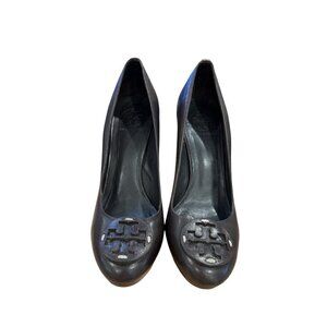 Tory Burch Betty Leather Dark Brown Logo Pumps Stacked Heels Shoes Size 8M EUC